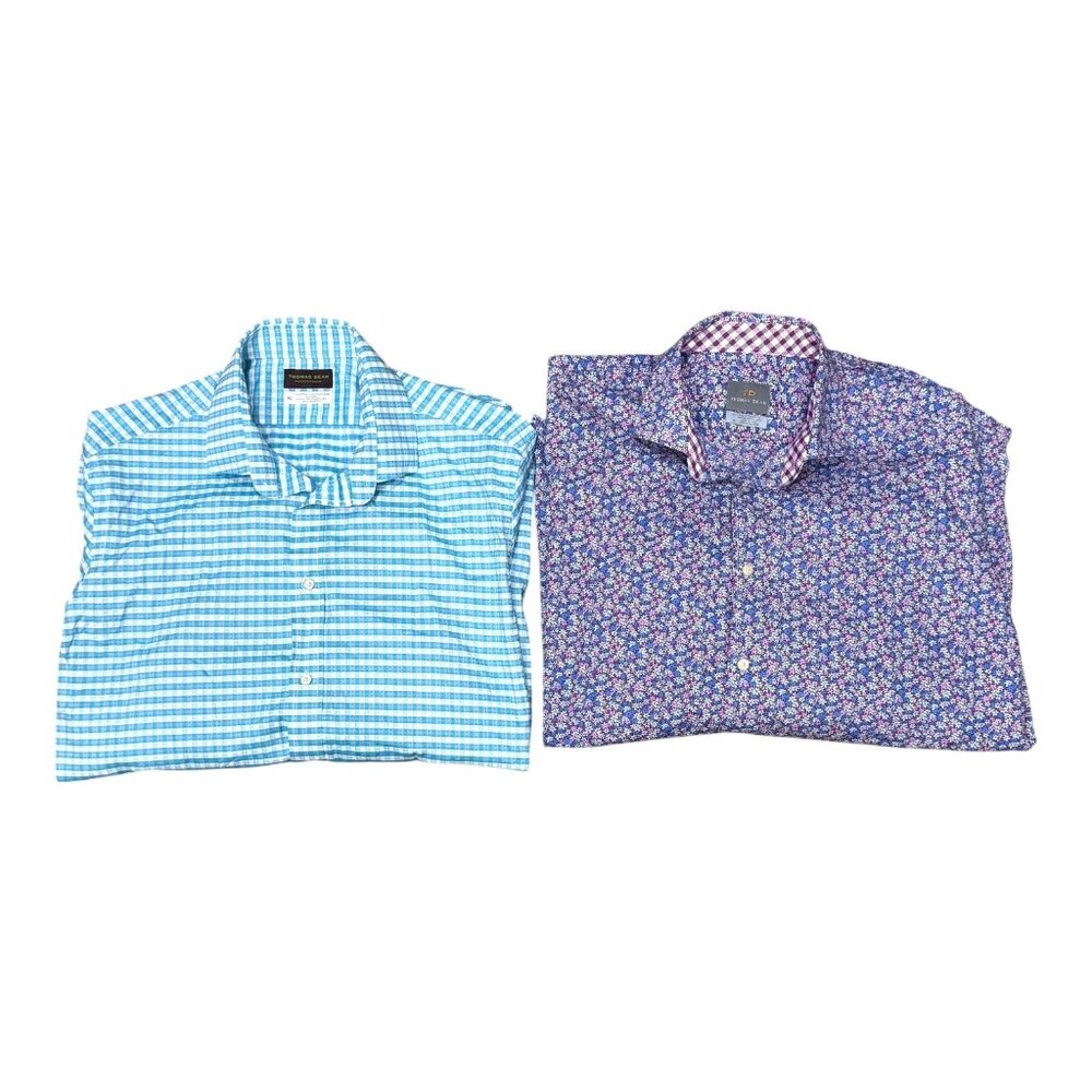 Thomas Dean Mens XL Cotton Dress Shirts Set Of 2 Lot Plaid Floral Flip Cuff